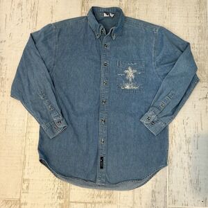 Port And Company VTG Y2K Denim Long Sleeve Woman's Shirt Palm Trees Ocean sz MED